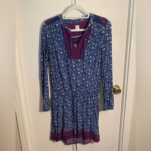 Gap EUC blue/white floral drawstring waist dress with red floral trim Size Small
